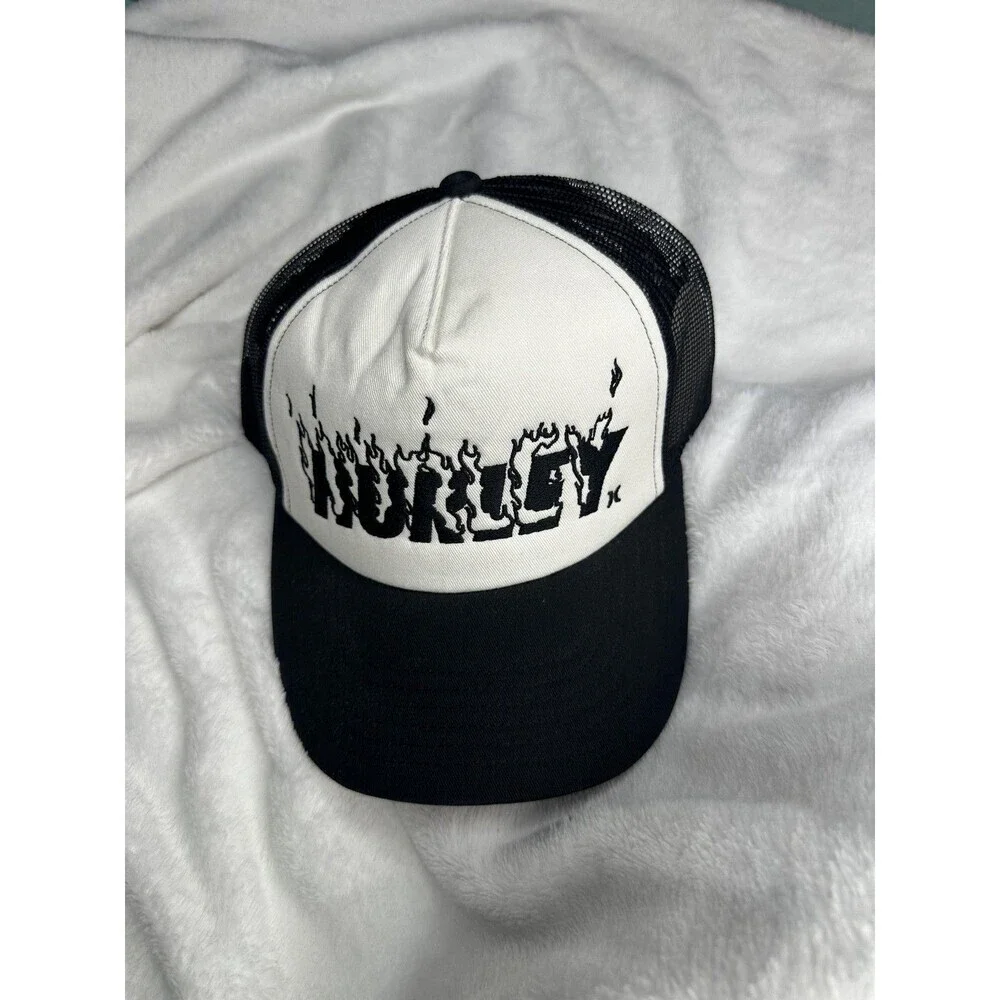 Hurley Hat Cap Snap Back Trucker Mens One Size Black White Flame Logo Mesh - Picture 1 of 2